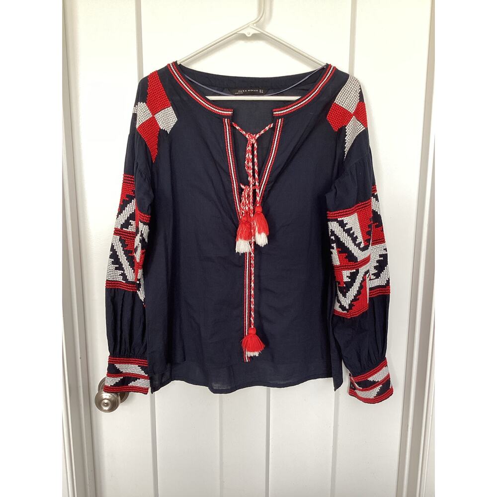 Zara embroidered tassel ties nautical Navy boho‎ top blouse size medium vacation